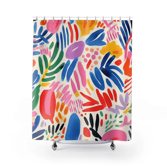 A colorful, abstract Henri Matisse pattern shower curtain displayed in a bathroom setting.