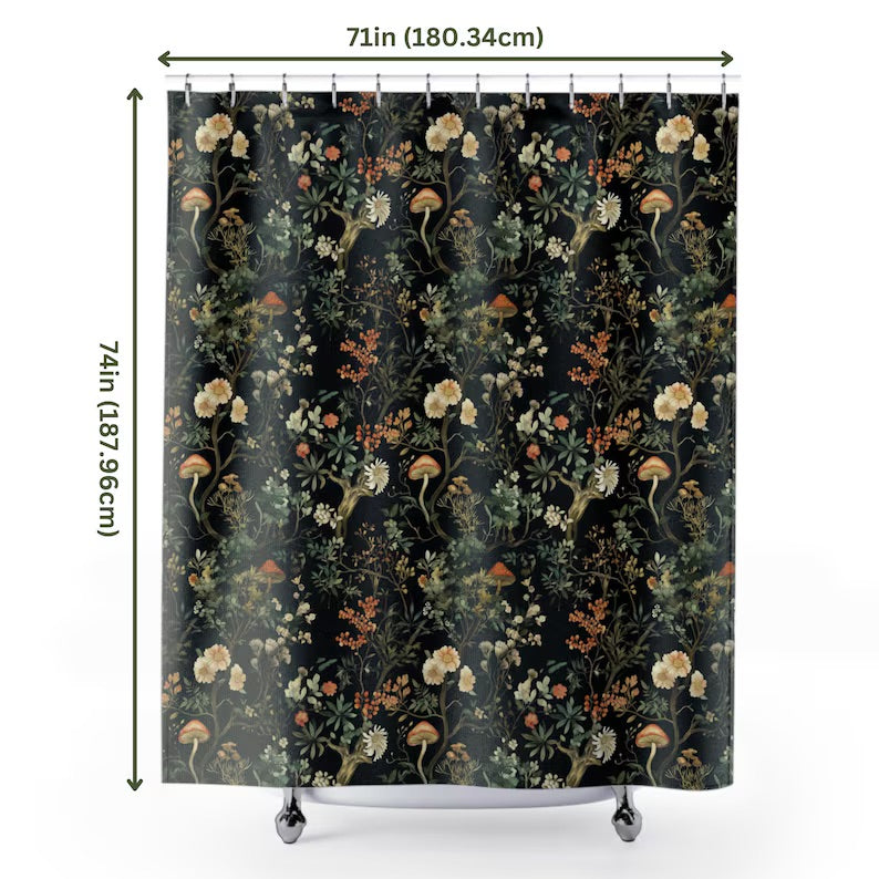 Black Botanical Moody Floral Mushroom Shower Curtain