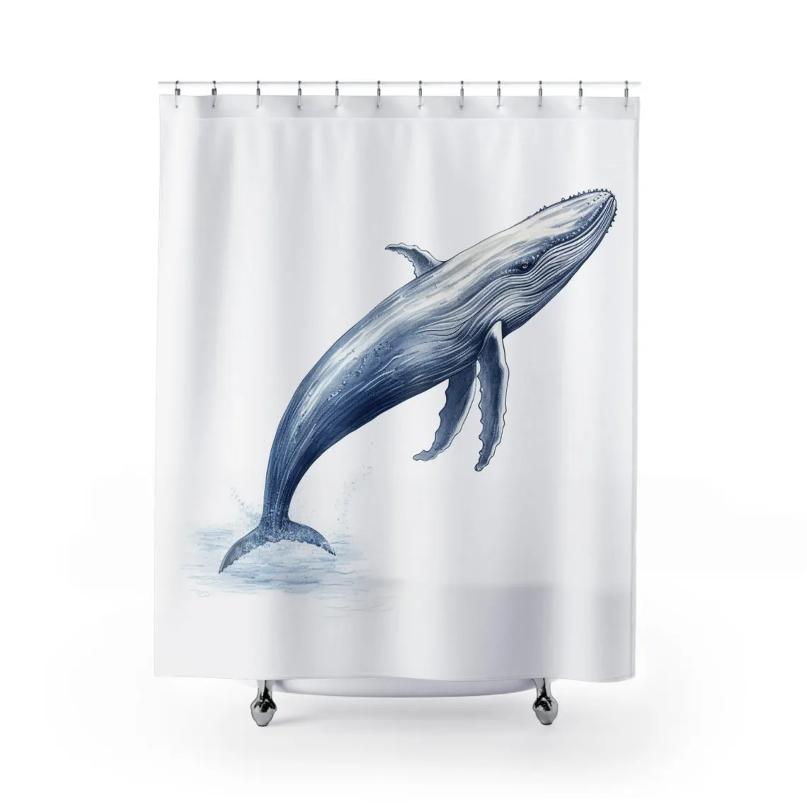 A shower curtain featuring a bold, artistic depiction of a blue whale in mid-jump, set against a light background.