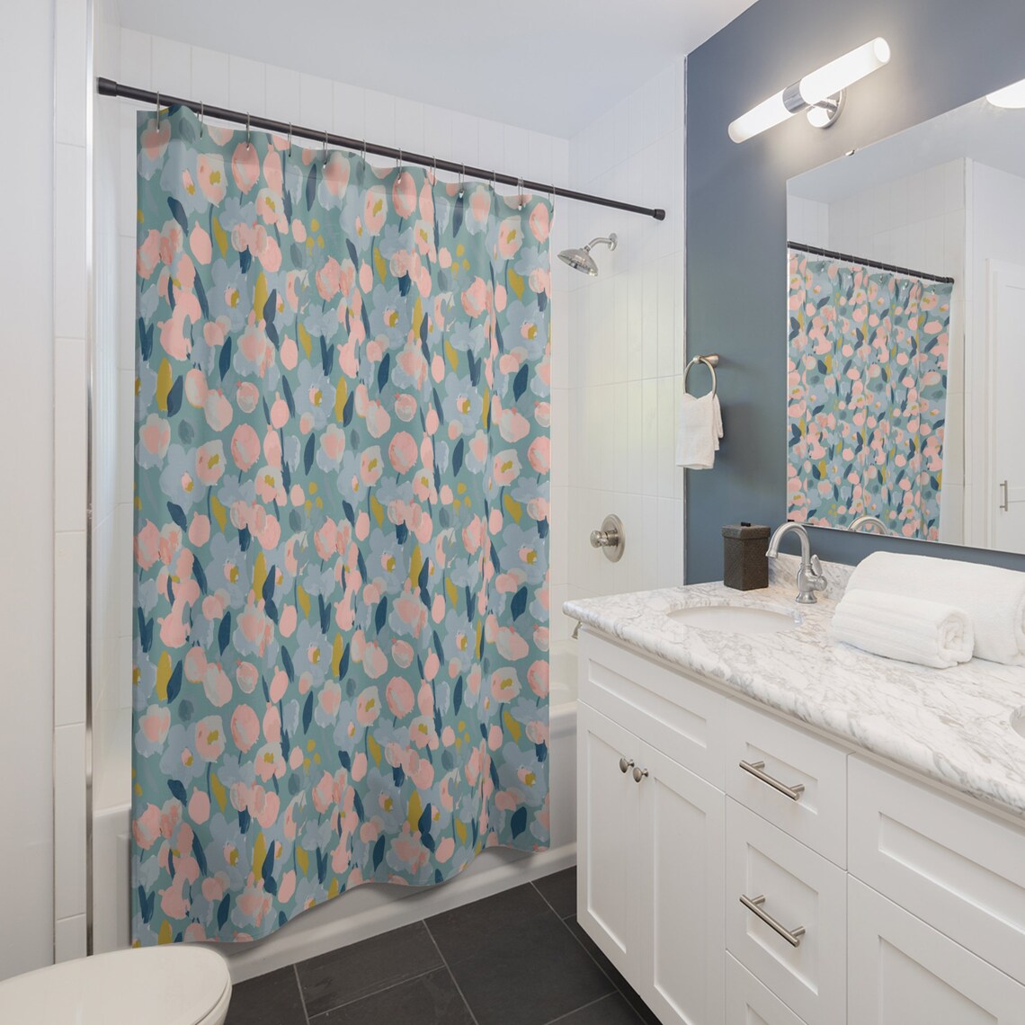 Blue and Pink Abstract Floral Art Shower Curtain