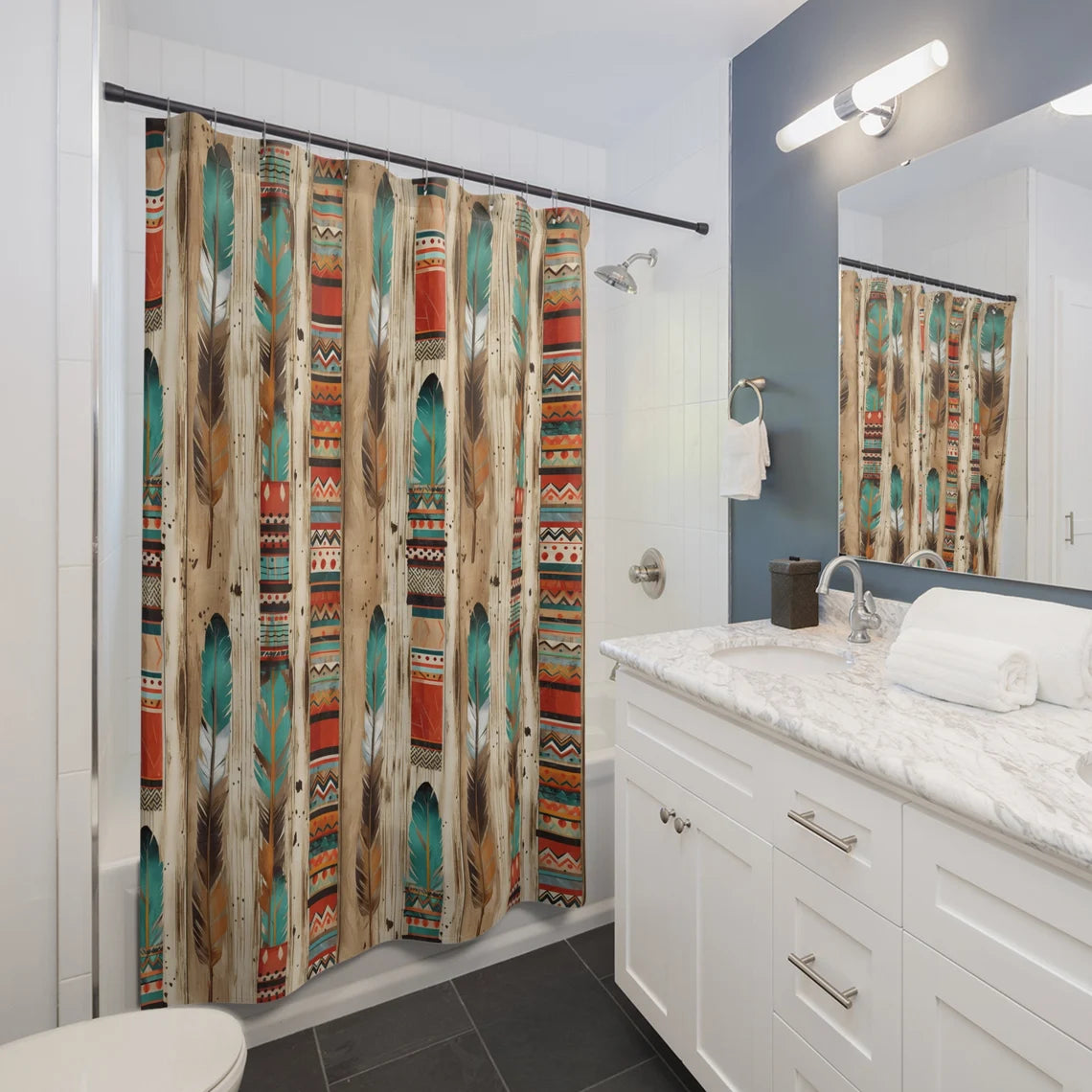 Boho Feathers Aztec Print Western Decor Shower Curtain