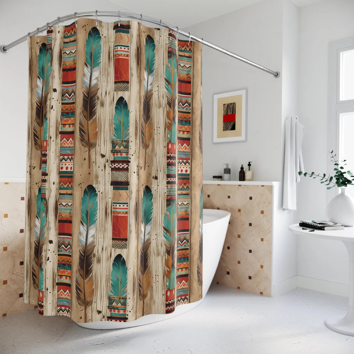 Boho Feathers Aztec Print Western Decor Shower Curtain