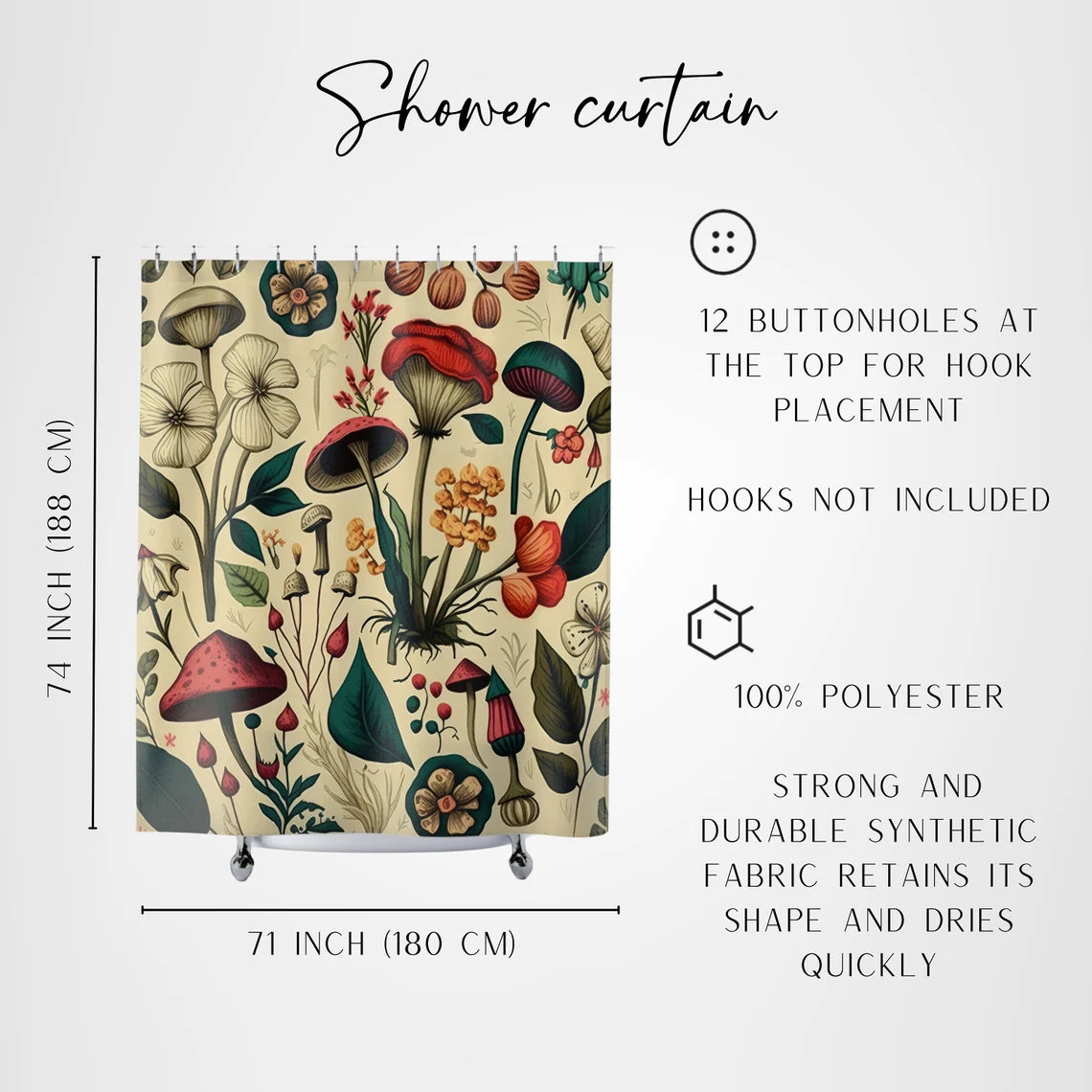 Whimsical Vintage Botanicals Mushroom Shower Curtain