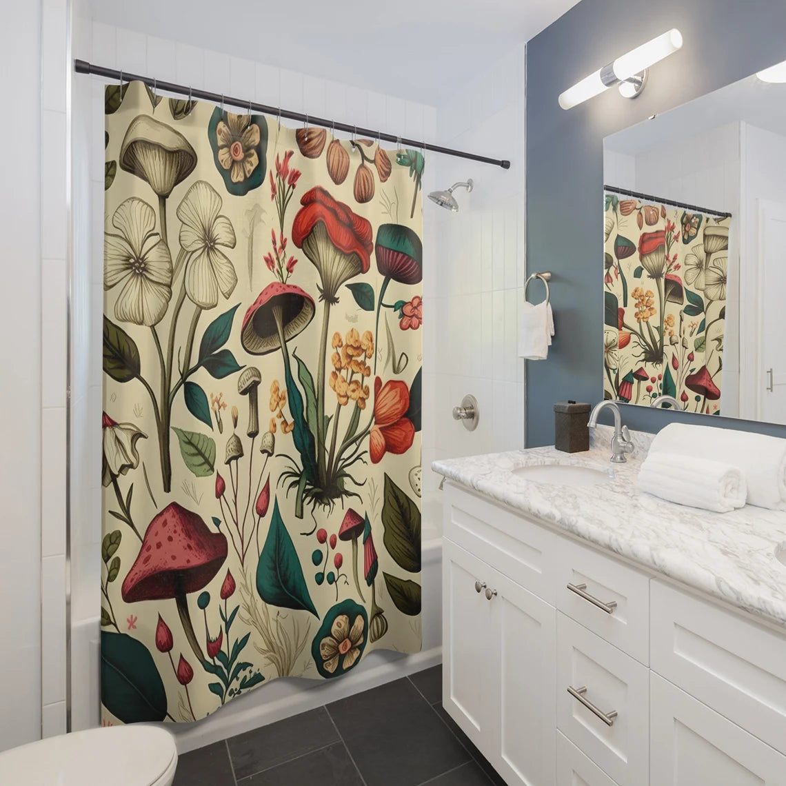 Whimsical Vintage Botanicals Mushroom Shower Curtain