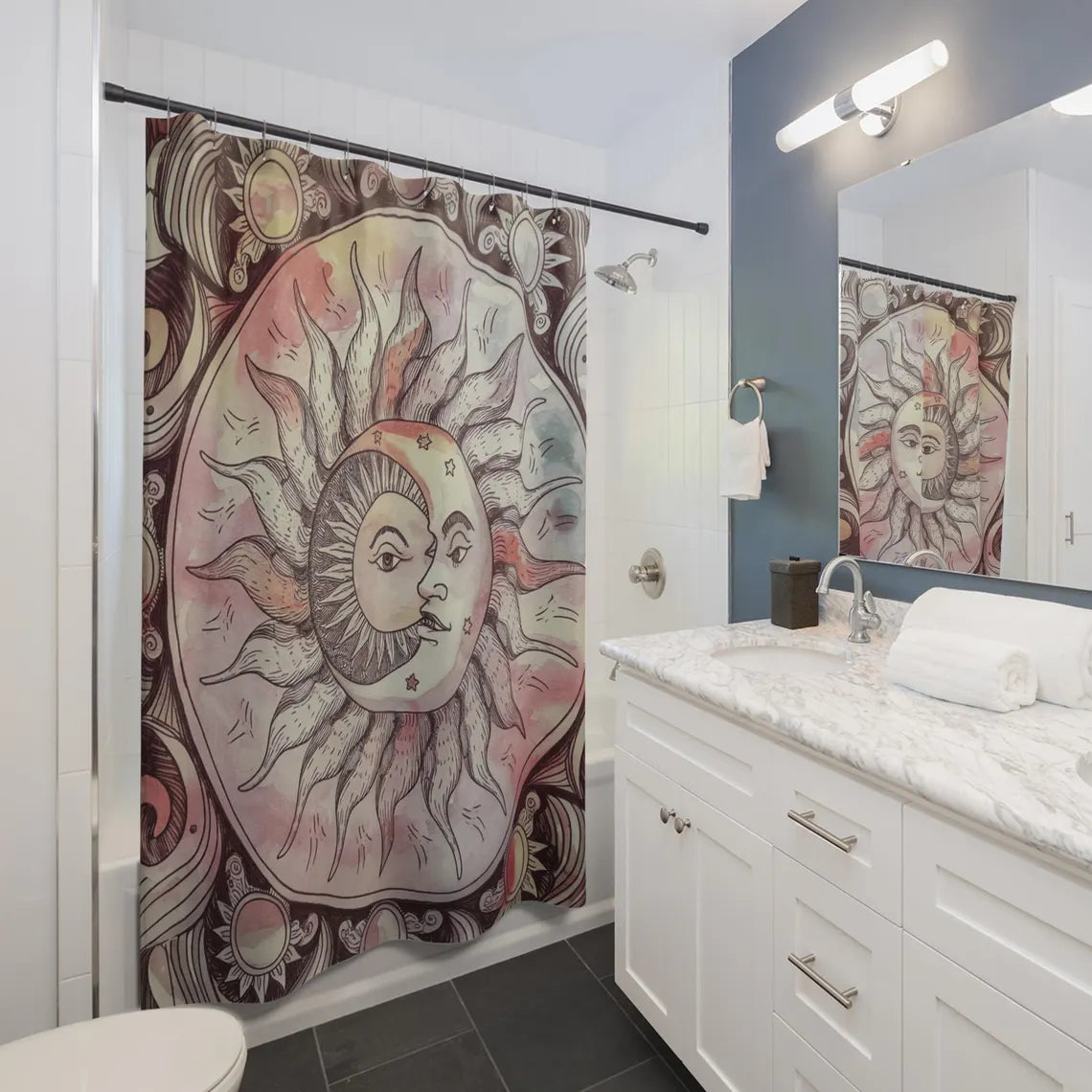 Sun and Moon Celestial Watercolor Mandala Shower Curtain