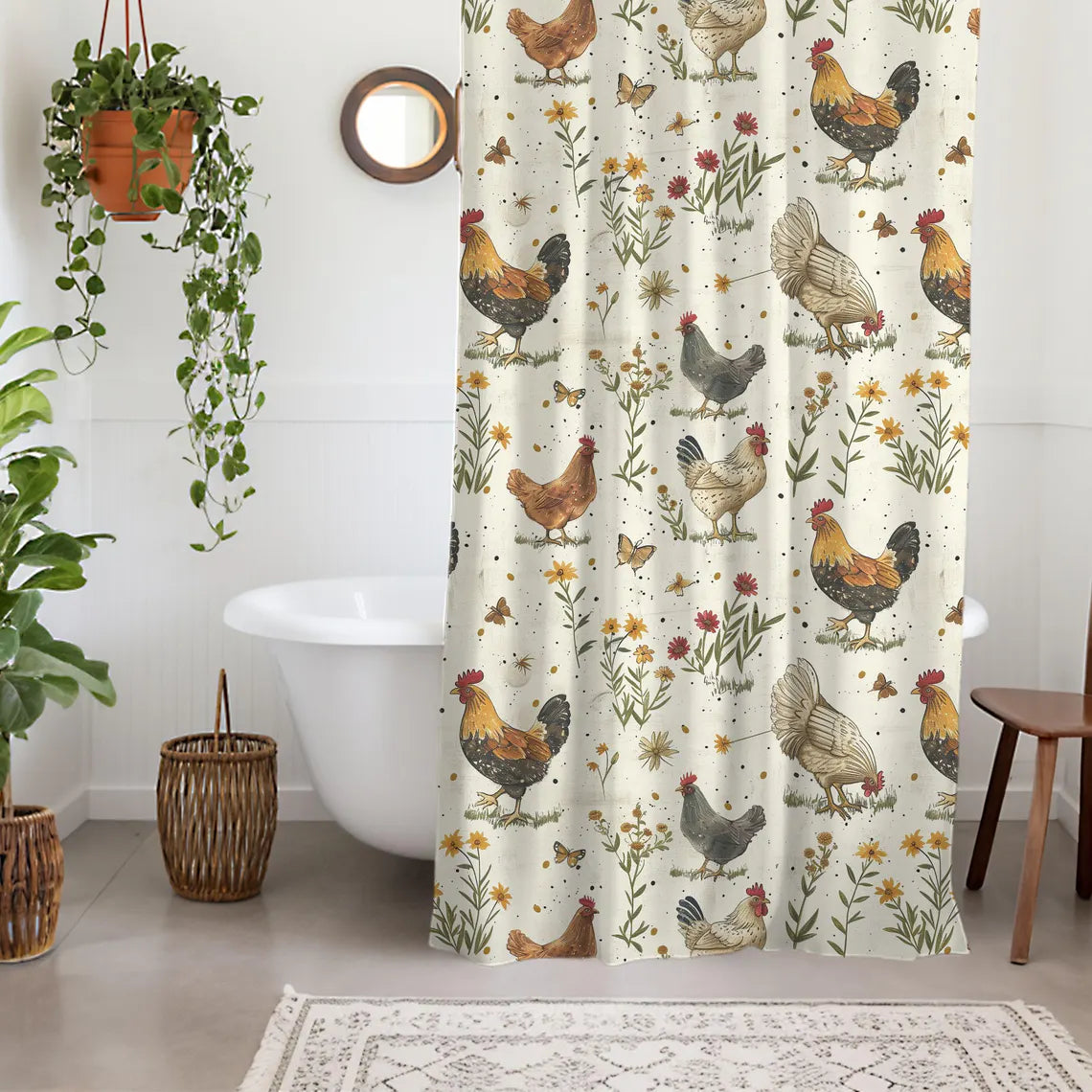 Chickens and Wildflowers Rustic Farmhouse Shower Curtain