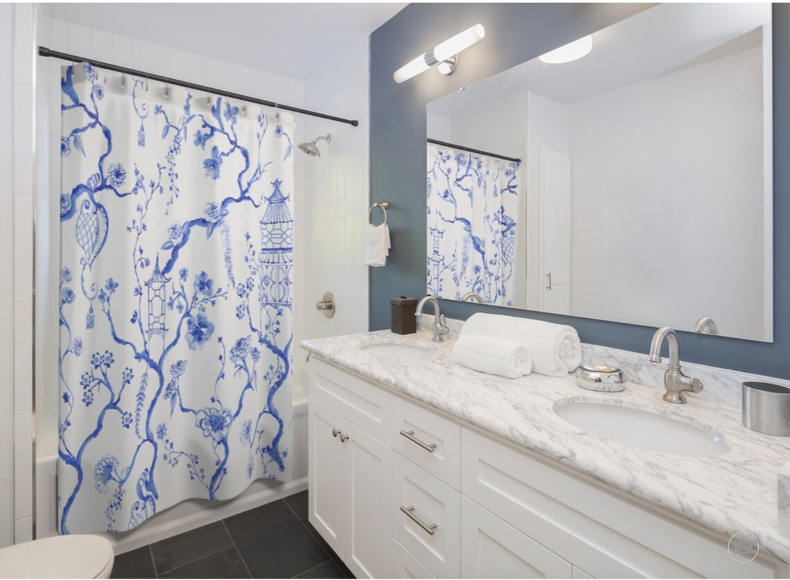 Blue & White Chinoiserie Pagoda Shower Curtain
