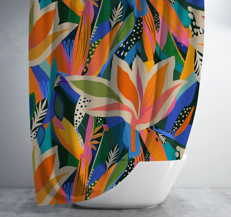 Colorful Maximalist Tropical Floral Boho Shower Curtain