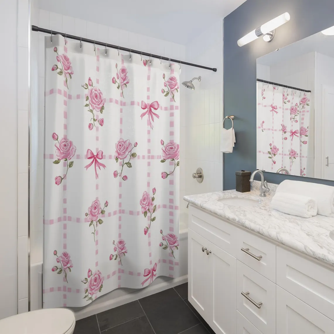 Coquette Pink Bow Roses Floral Shower Curtain