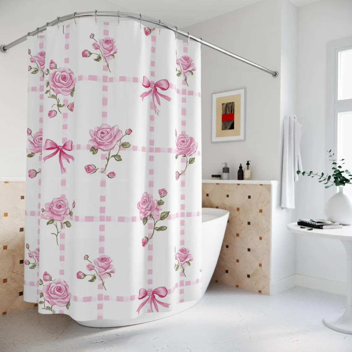 Coquette Pink Bow Roses Floral Shower Curtain