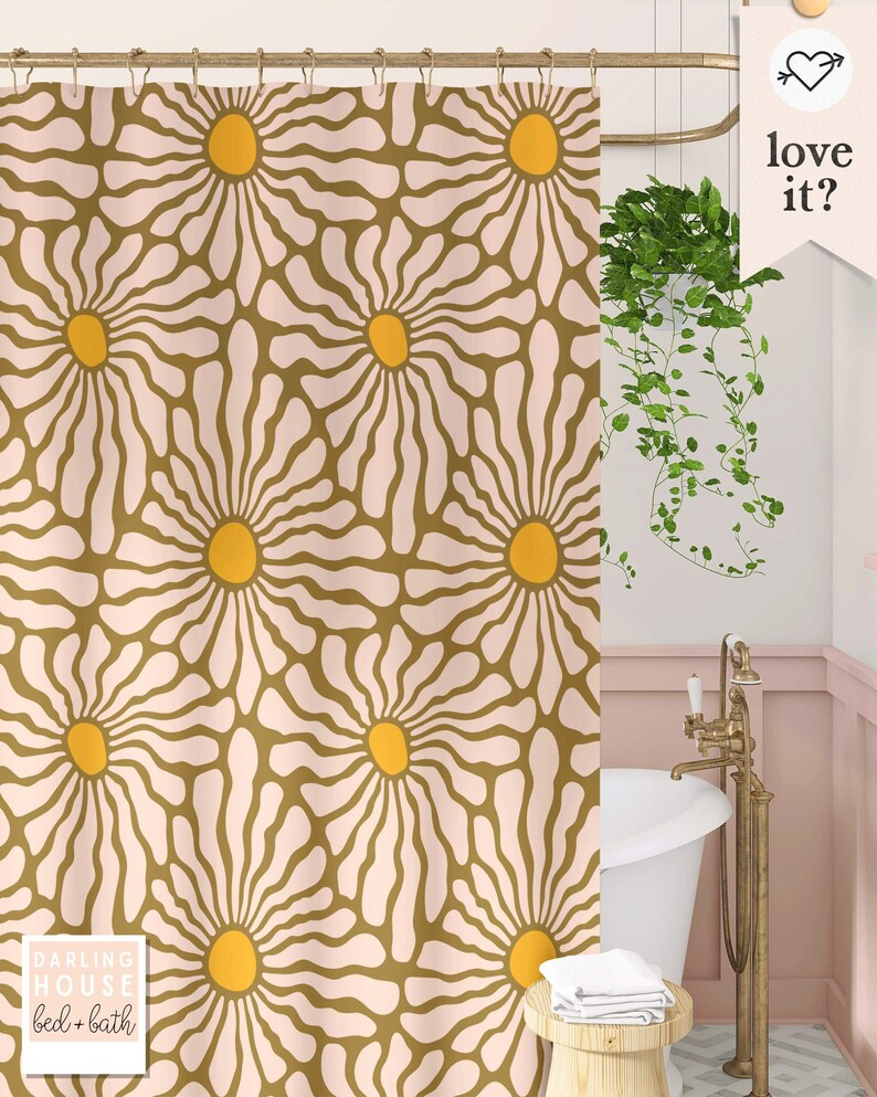 Funky Pink Daisy Sunflower Retro Botanical Shower Curtain