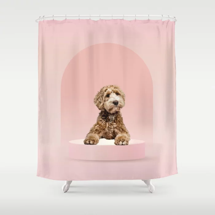 Goldendoodle Laying on Pastel Pink Podium Shower Curtain