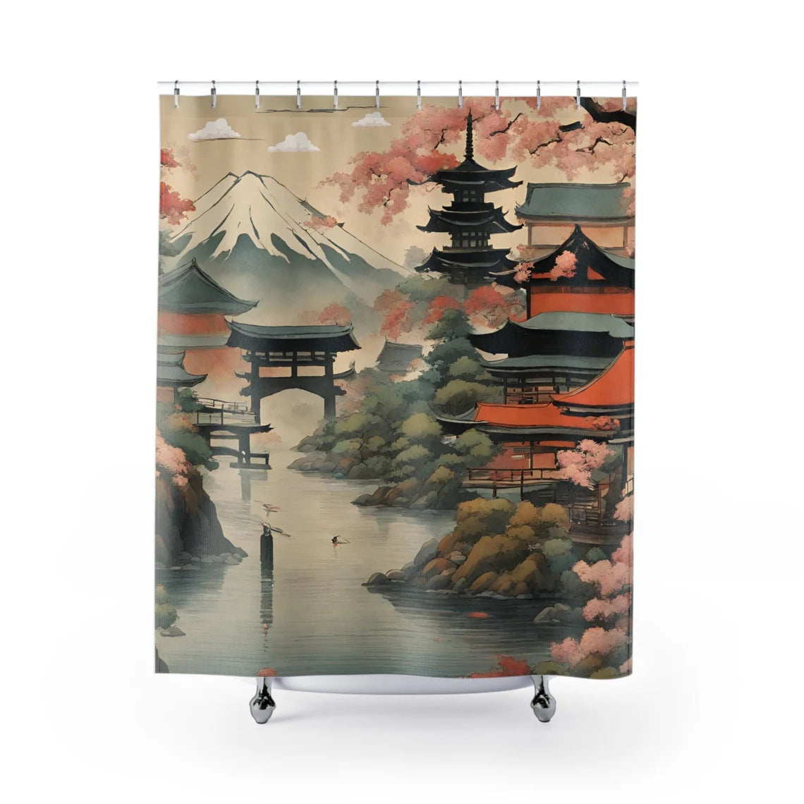 Japanese Garden Temple Themed Shower Curtain