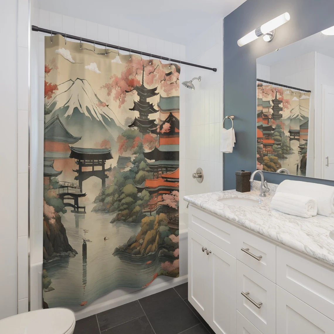 Japanese Garden Temple Themed Shower Curtain