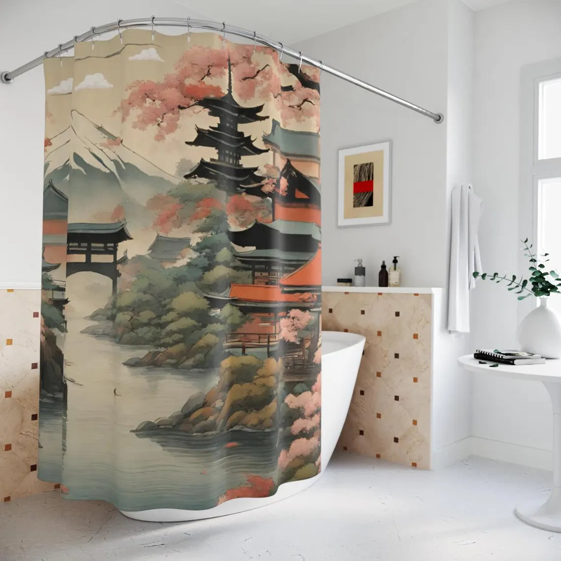 Japanese Garden Temple Themed Shower Curtain