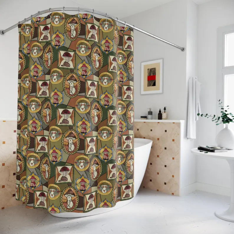 Mushroom Boho Green Shower Curtain