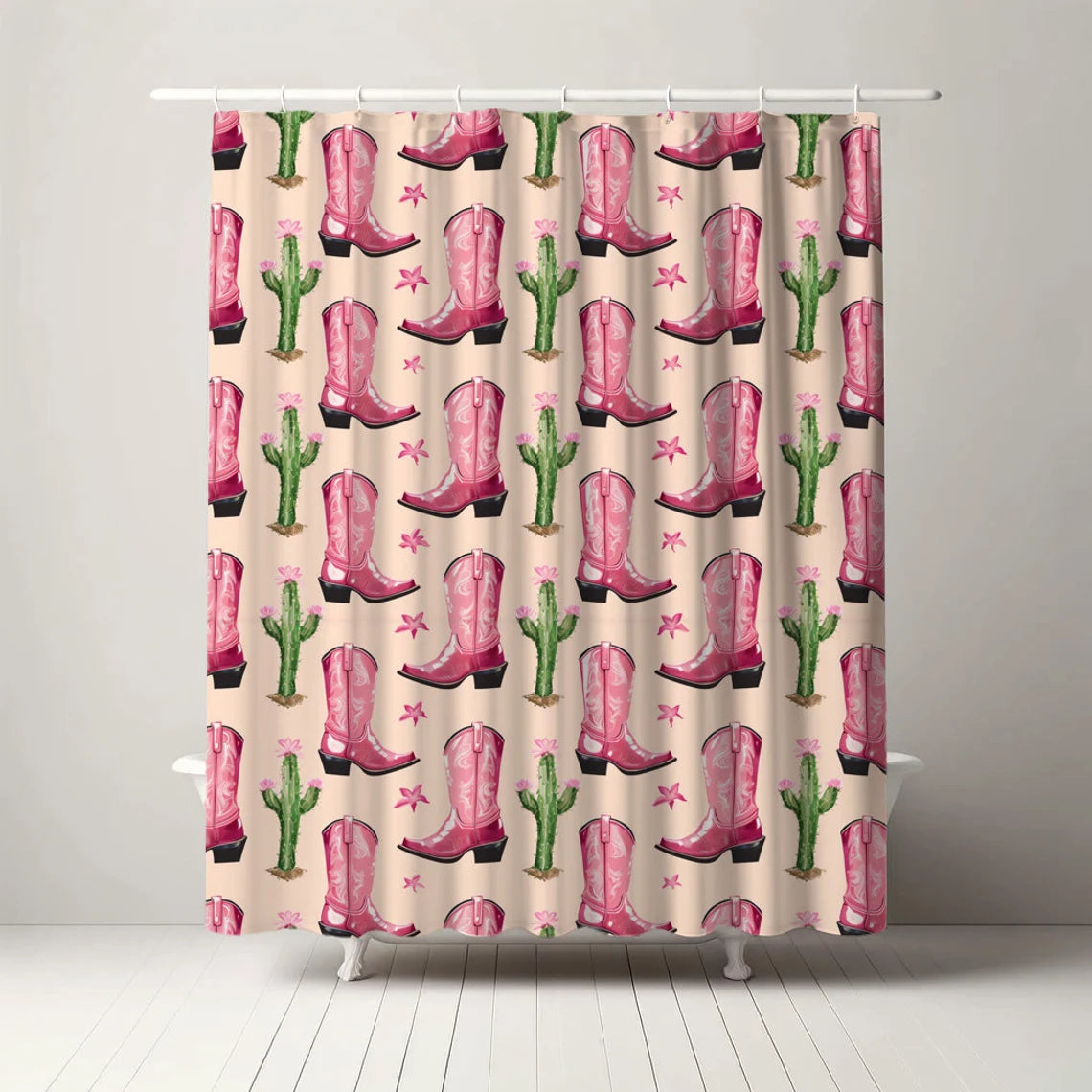 Pink Cowgirl Boots and Cactus Shower Curtain
