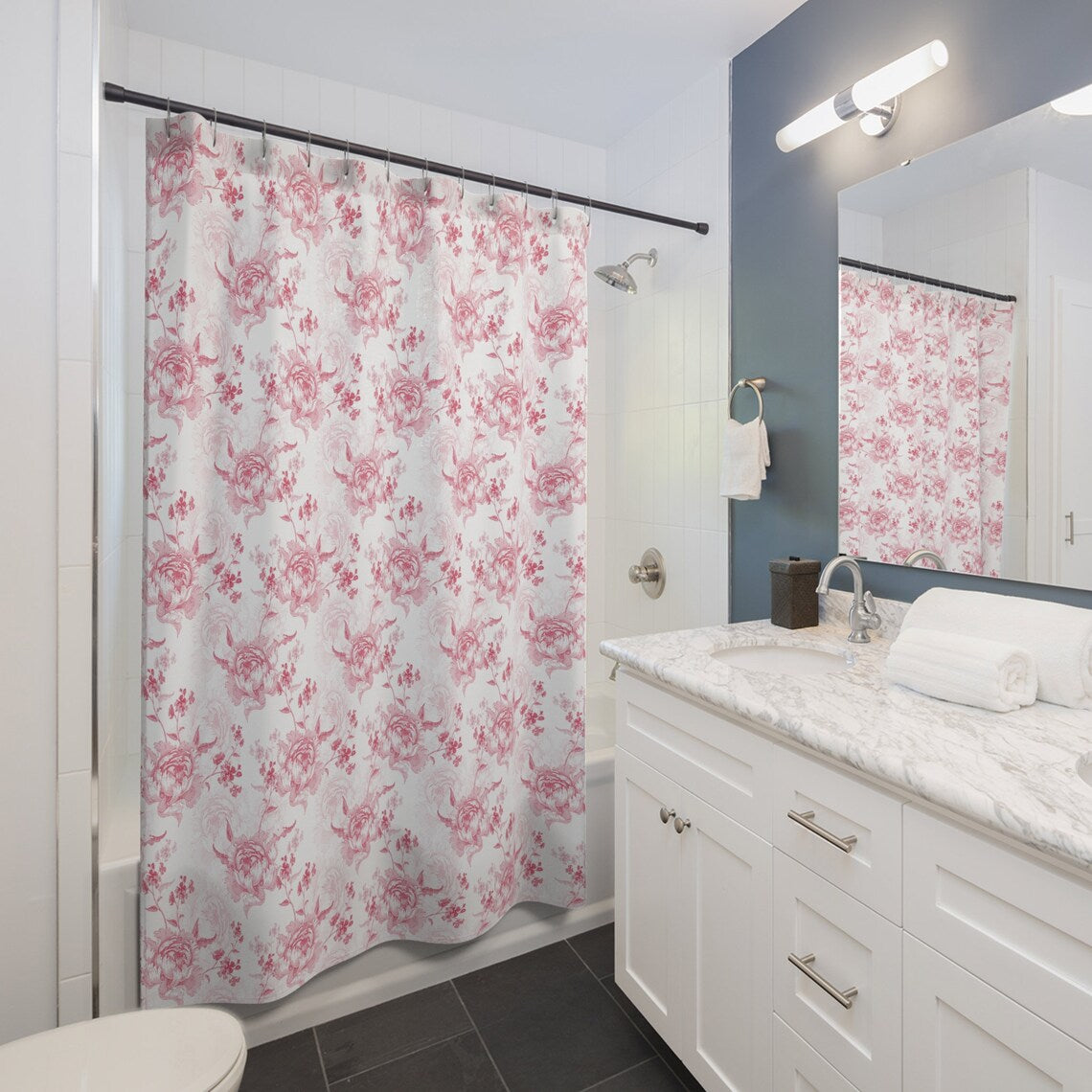 Pink Rose Floral Toile Shower Curtain