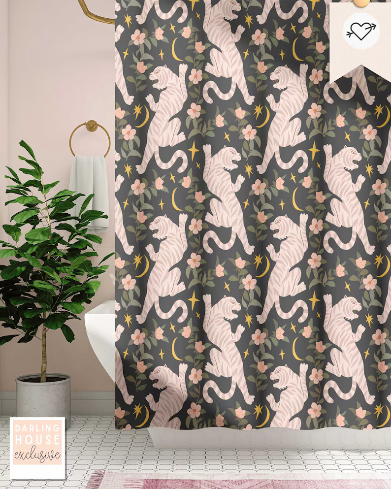 Pink + Black Tiger Retro Tropical Floral Print Shower Curtain
