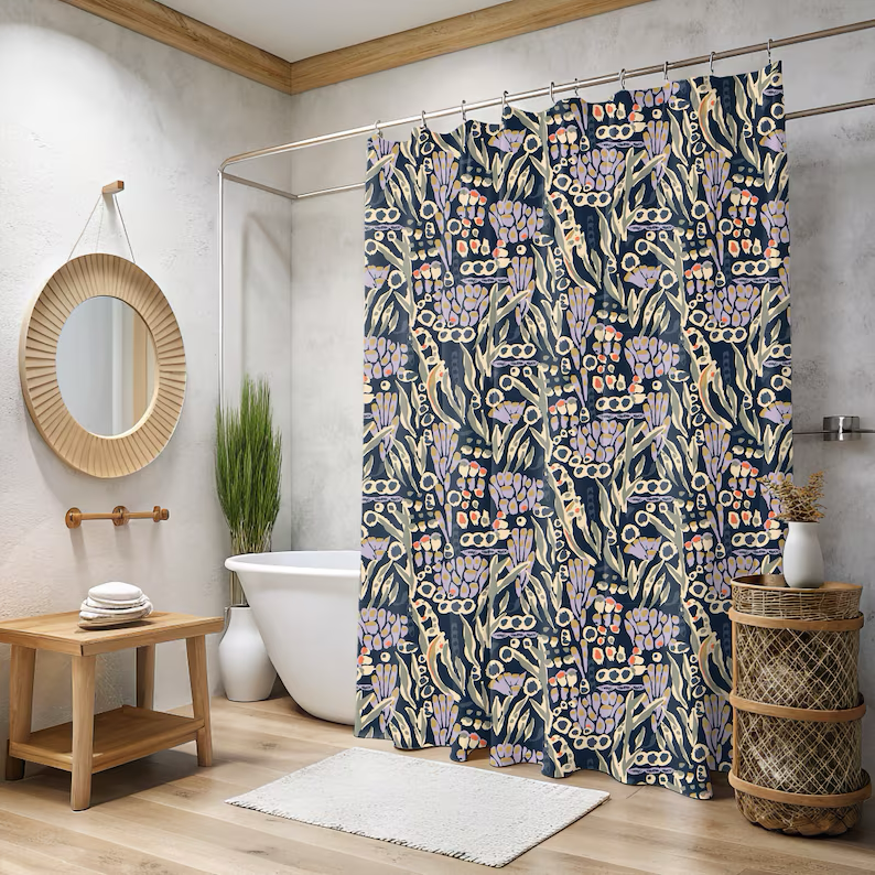 Purple Abstract Illustrated Floral Botanical Inspired Painted Shower Curtain
