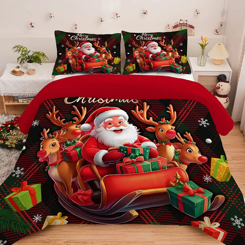 Christmas Duvet Cover Set – Santa & Reindeer Design, 3-Piece Holiday Bedding with Pillowcases
