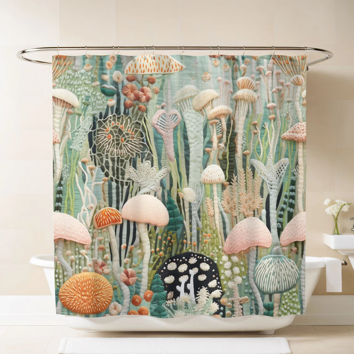 Whimsical Sage Green Mushroom Shower Curtain
