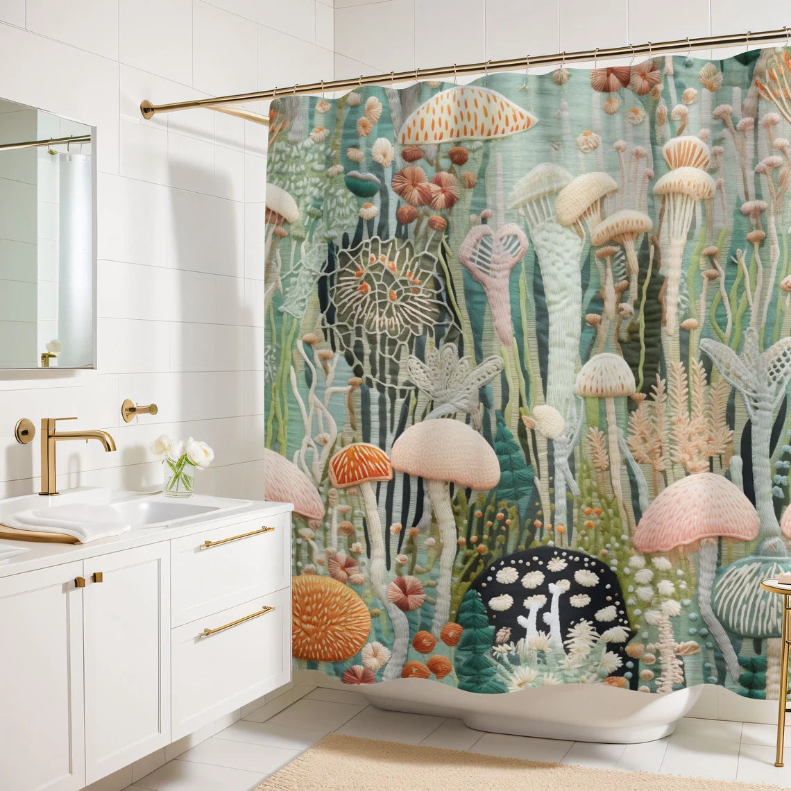 Whimsical Sage Green Mushroom Shower Curtain