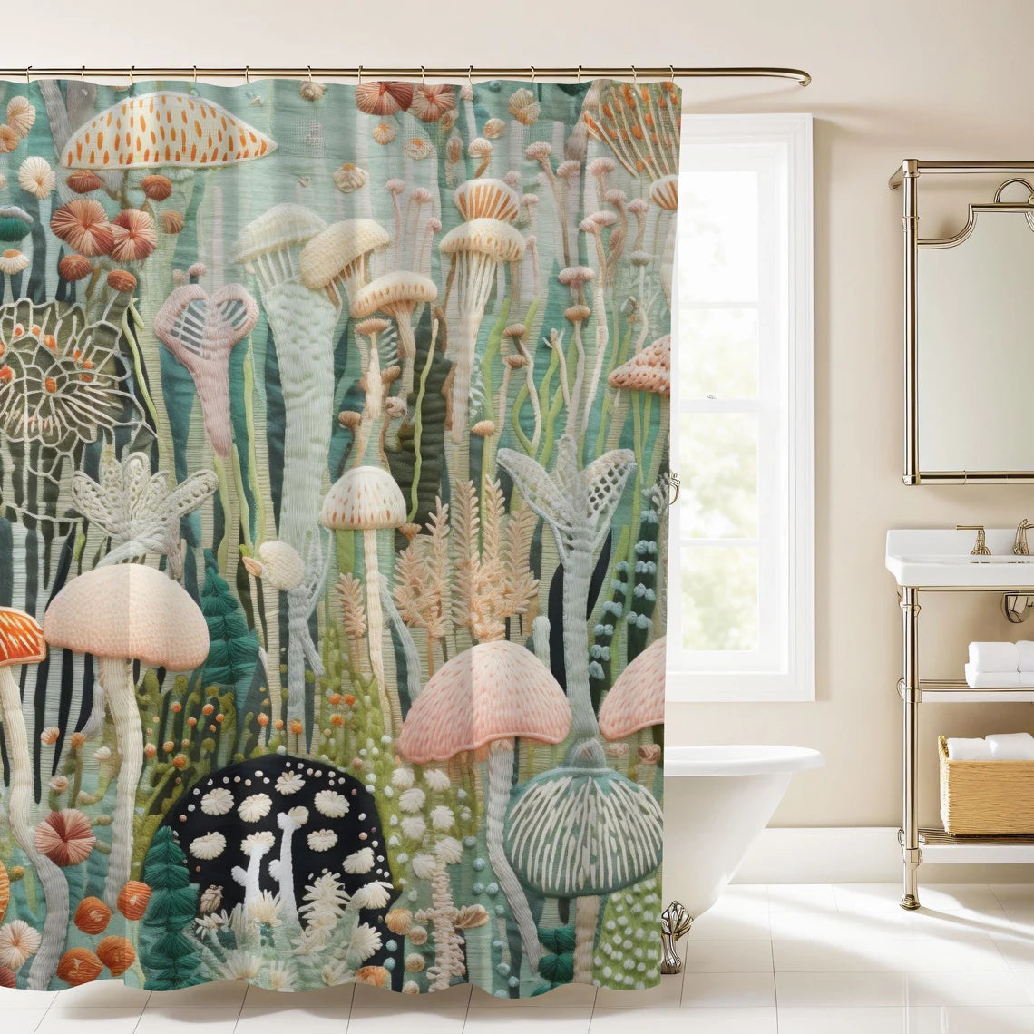 Whimsical Sage Green Mushroom Shower Curtain