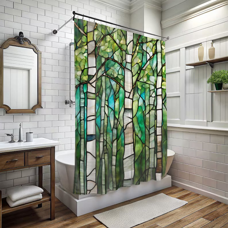 Stained Glass Birch Trees Shower Curtain