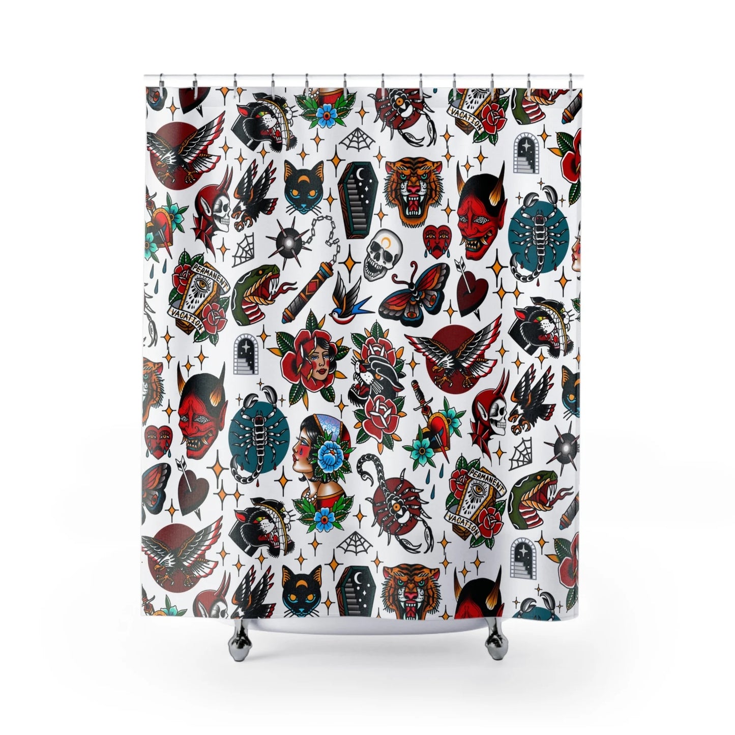 A shower curtain with a vibrant, artistic design featuring a variety of intricate, old school tattoo-inspired patterns in black, red, and white colors.