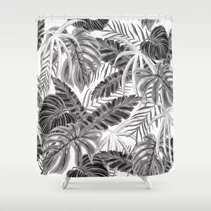 Tropical Leafs Drawing Pattern Black & White Shower Curtain