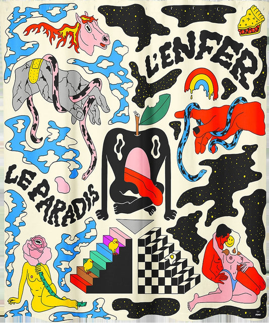 A colorful and abstract shower curtain featuring various artistic illustrations, including what appears to be a dog, some plants, and other abstract psychedelic shapes.