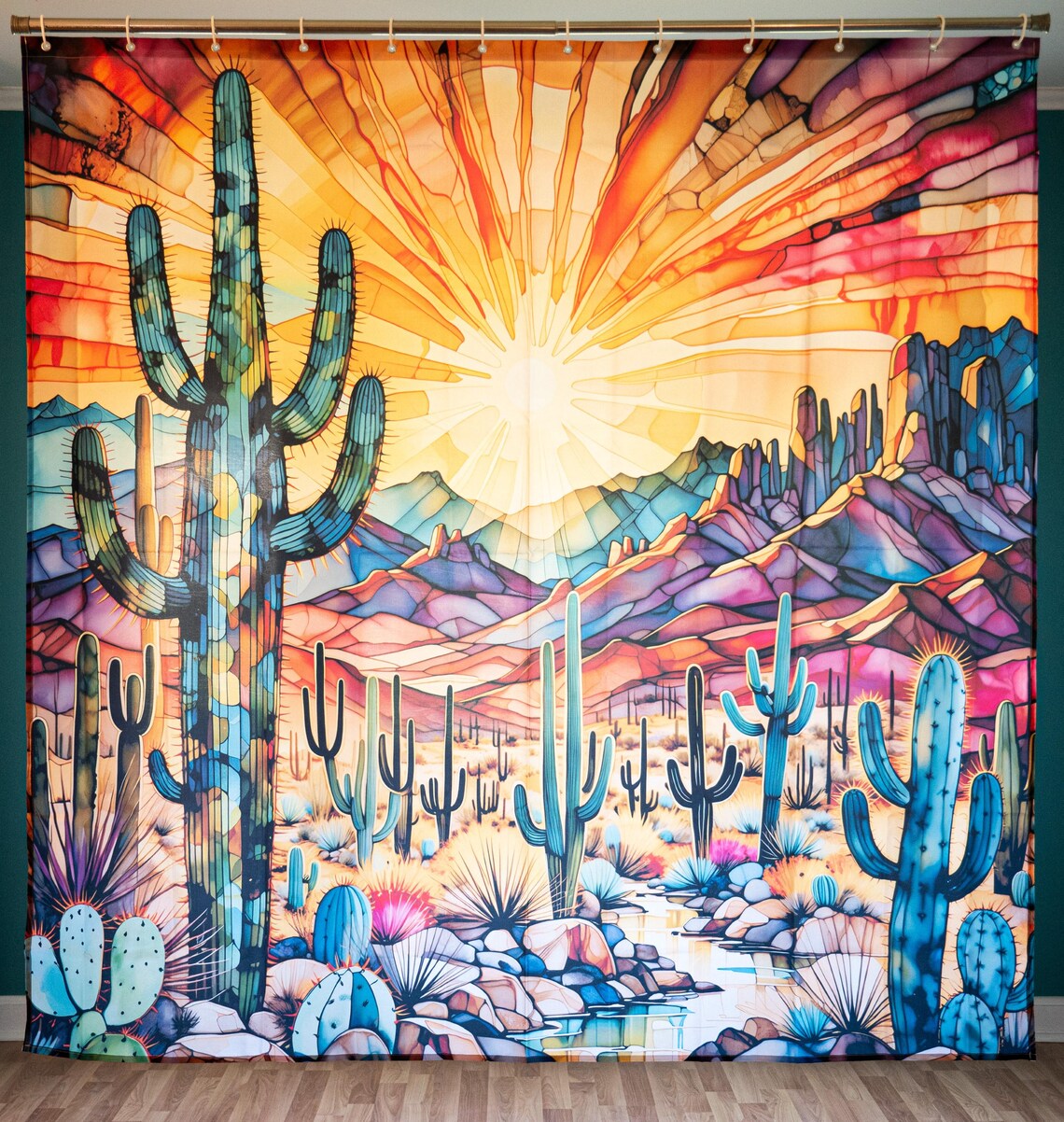 Vibrant Desert Sunset Oasis Stained Glass Shower Curtain