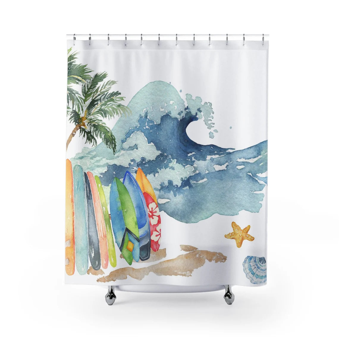 Watercolor Surf Waves Shower Curtain