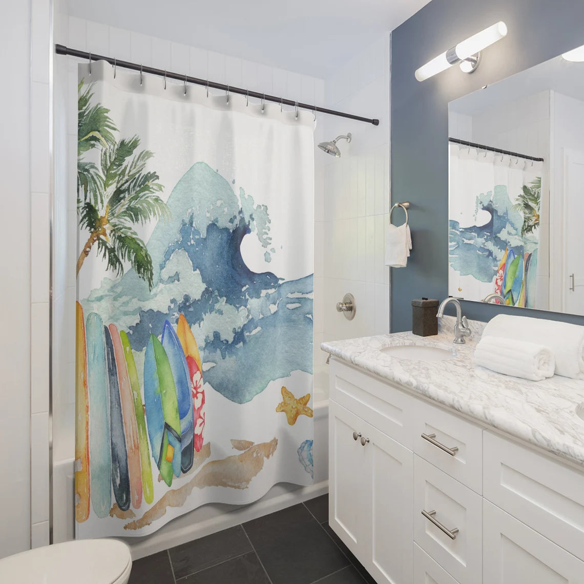 Watercolor Surf Waves Shower Curtain