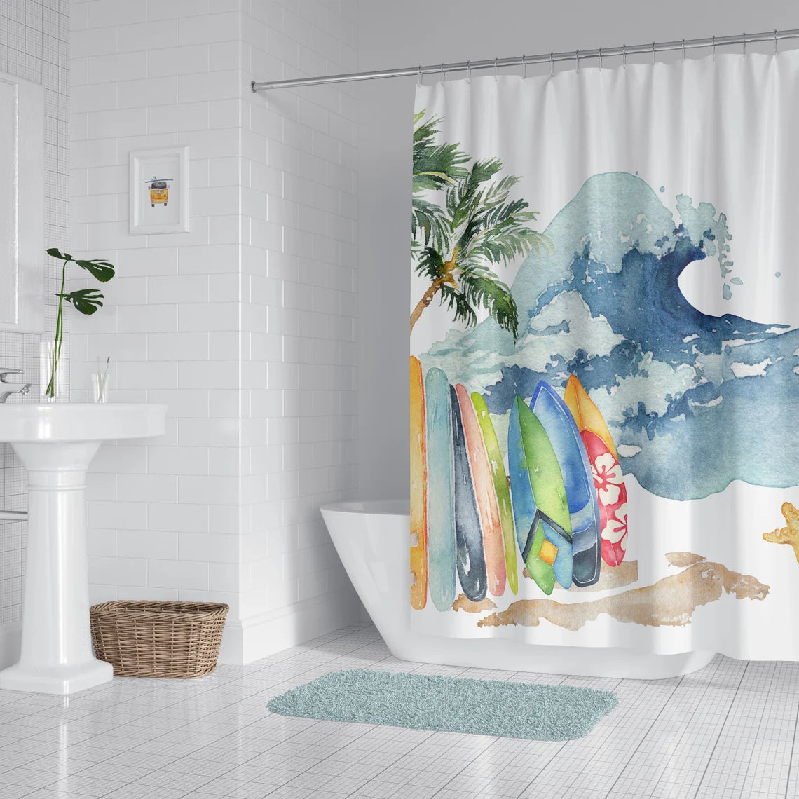 Watercolor Surf Waves Shower Curtain
