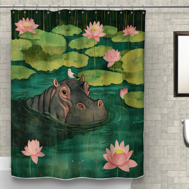 Whimsical Hippo Cute Tropical Animal Shower Curtain