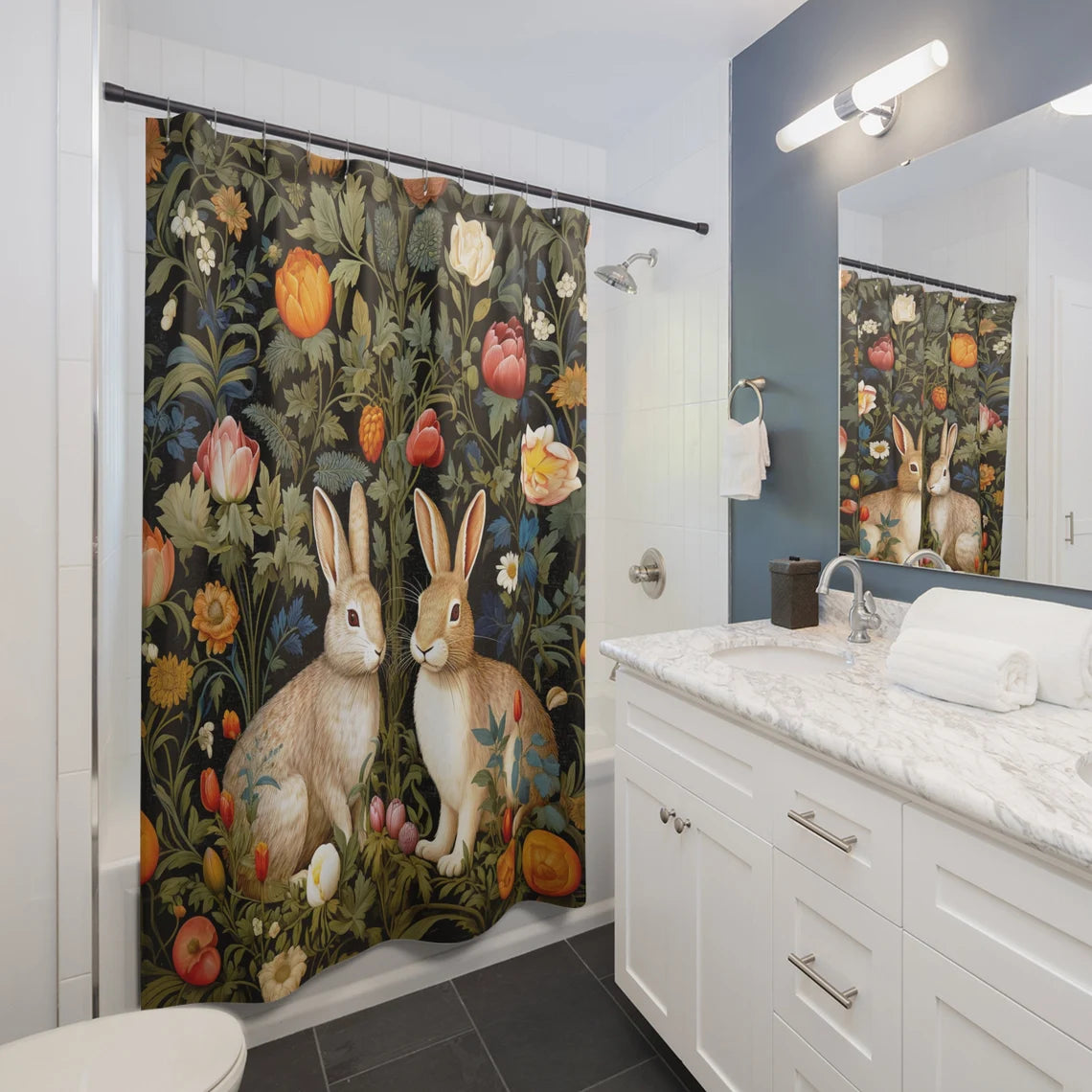 WILLIAM MORRIS Inspired Elegant Rabbits in Bloom Shower Curtain