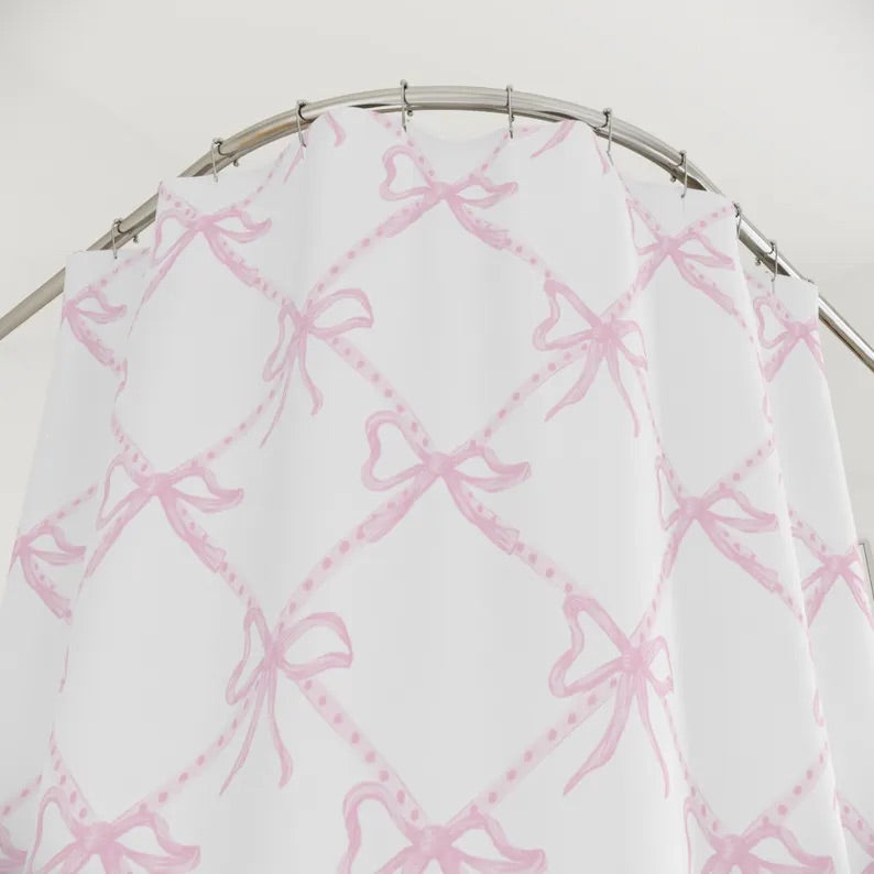 Pink Bow Shower Curtain, Pink & White Ribbon Shower Curtain