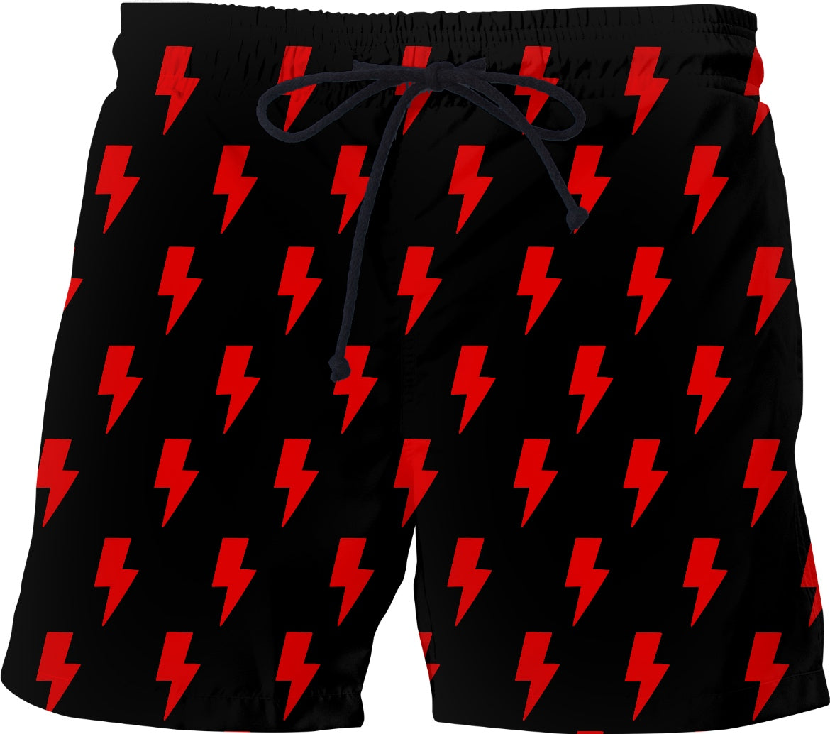 Red Lightning Bolts Black Shorts Swim Trunks
