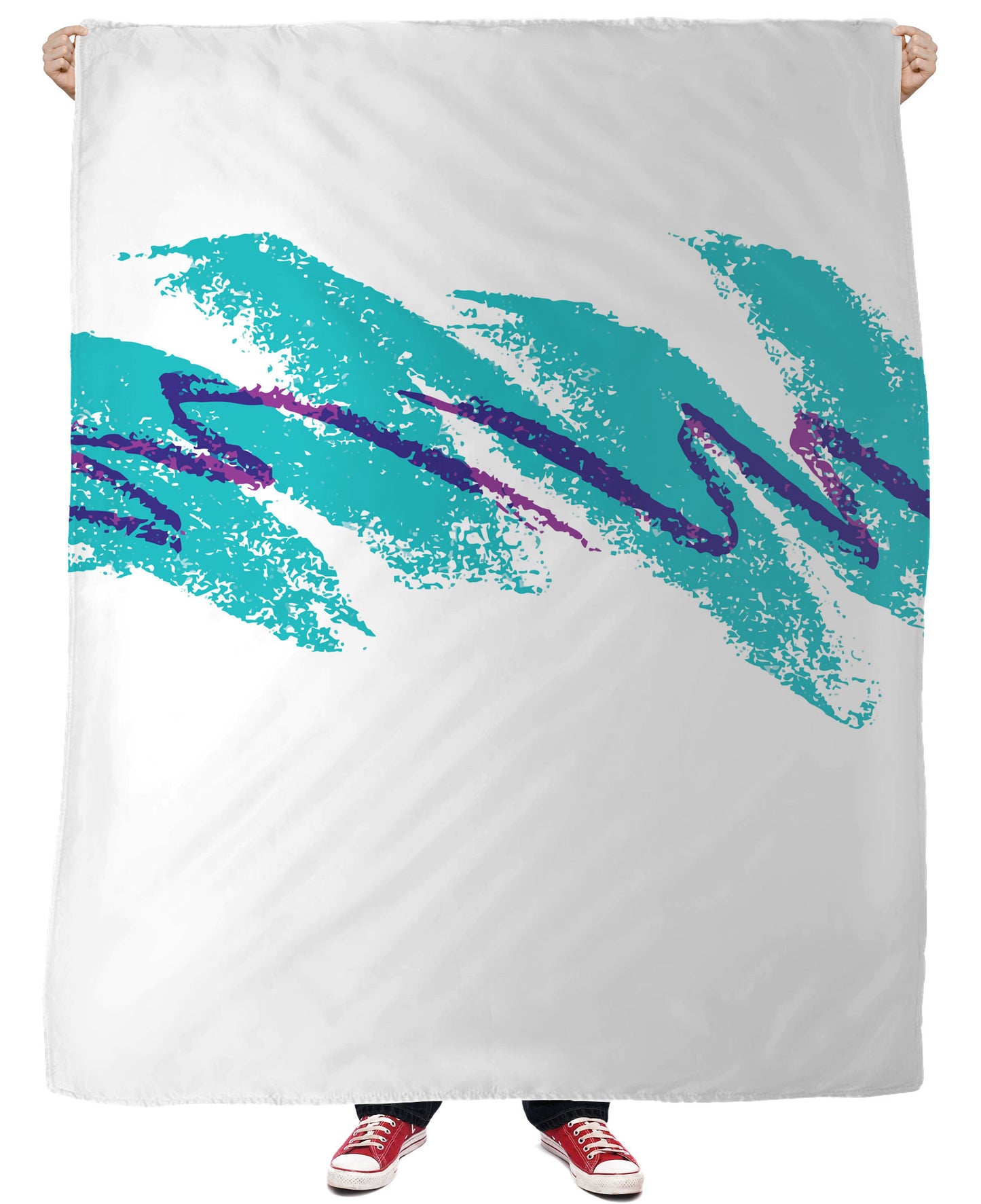 A fleece blanket with a colorful geometric pattern resembling a paper cup design from the 1990s.