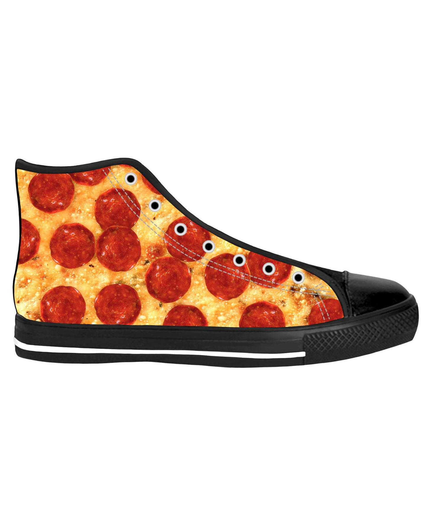 A pair of high top sneakers with a black sole and an all-over print of a pizza on the upper part.