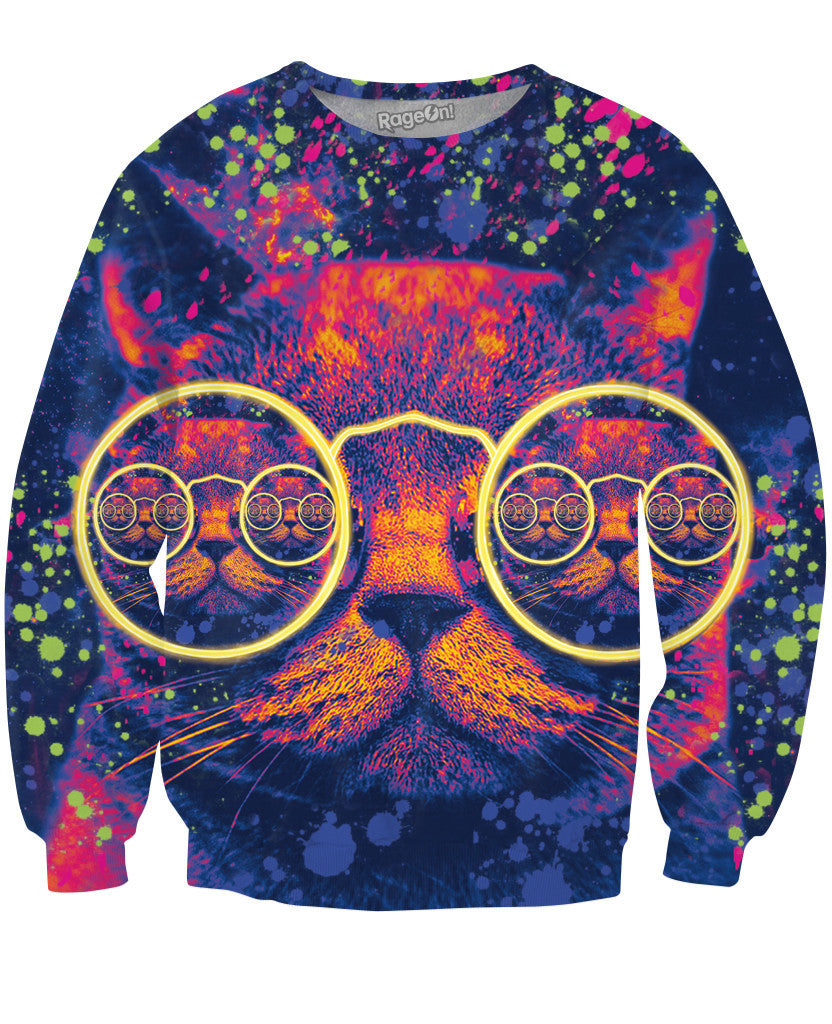 Hipster Cat Glow Party Crewneck Sweatshirt