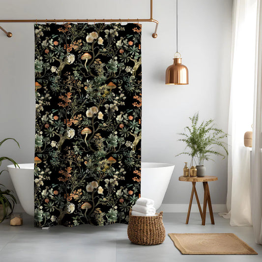 A floral shower curtain with a variety of colors displayed in a bathroom setting, featuring a black background with green, gold, and white floral patterns.