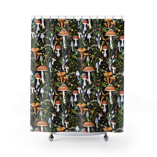 Black Mushroom Print Shower Curtain