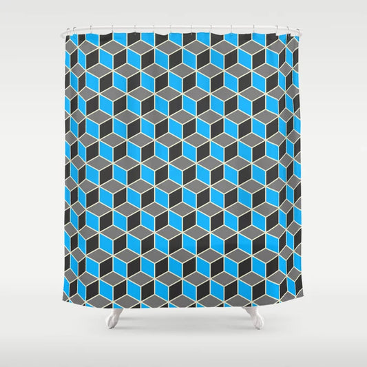 Blue Grey Cube Pattern Shower Curtain