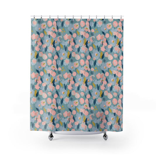 Blue and Pink Abstract Floral Art Shower Curtain
