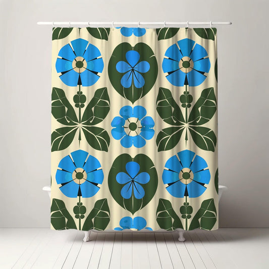 Boho Botanical Retro Light Blue and Green Floral Shower Curtain