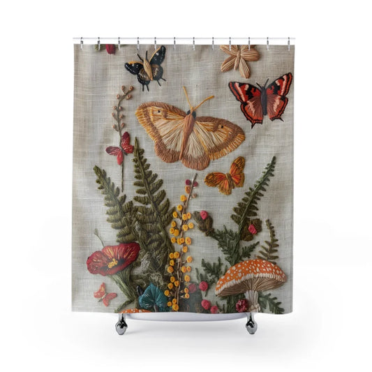 A shower curtain featuring a nature-inspired design with butterflies, flowers, and mushrooms in vibrant colors against a beige background.