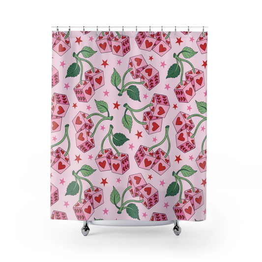 A shower curtain featuring a vibrant pattern with cherries and abstract designs in red and pink colors on a beige background.